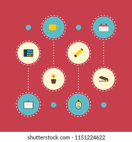 Set of bureau icons flat style symbols with calendar, marker, stapler and other icons for your web mobile app logo design.