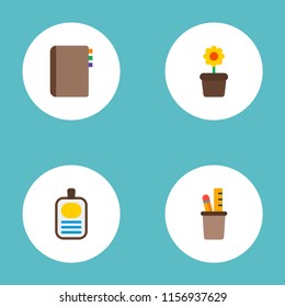 Set of bureau icons flat style symbols with flowerpot, pencil stand, id badge icons for your web mobile app logo design.
