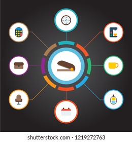 Set of bureau icons flat style symbols with wall clock, calendar, stapler and other icons for your web mobile app logo design.