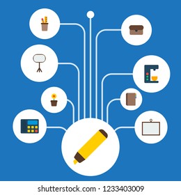 Set of bureau icons flat style symbols with briefcase, address book, whiteboard and other icons for your web mobile app logo design.