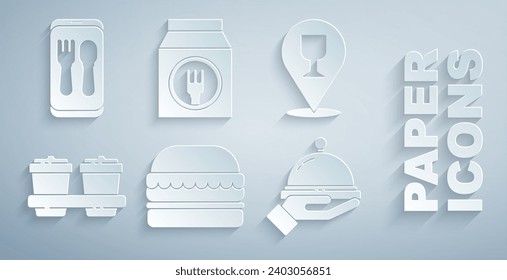 Set Burger, Alcohol or beer bar location, Coffee cup to go, Covered with tray food, Online ordering and delivery and  icon. Vector
