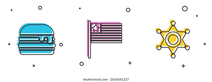 Set Burger, American flag and Hexagram sheriff icon. Vector