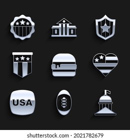 Set Burger, American Football ball, White House, USA Independence day, flag, Shield with stars and  icon. Vector