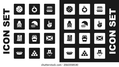 Set Burger, American football helmet, Rocket launch from the spaceport, Basketball, Number 1 one fan hand glove, Canteen water bottle, Flag Confederate and Declaration of independence icon. Vector