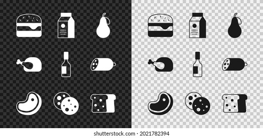 Set Burger, aper package for milk, Pear, Steak meat, Cookie with chocolate, Bread toast, Roasted turkey chicken and Tabasco sauce icon. Vector