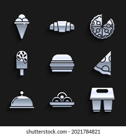Set Burger, Asian noodles in bowl, Coffee cup to go, Slice pizza, Covered with tray, Ice cream, Pizza and waffle cone icon. Vector