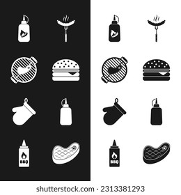 Set Burger, Barbecue grill with steak, Ketchup bottle, Sausage on the fork, Oven glove, Mustard, Steak meat and  icon. Vector