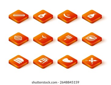 Set Burger, Barbecue shopping building, grill, Sausage on the fork, Steak meat, steel grid, Grilled shish kebab and with steak icon. Vector