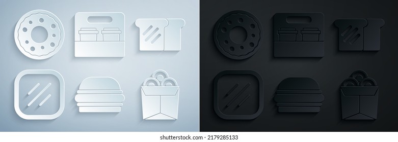 Set Burger, Bread toast, Steak meat, Noodles in box, Coffee cup go and Donut icon. Vector