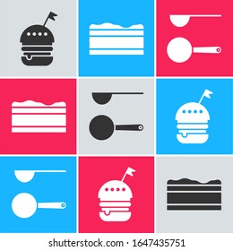 Ponga el icono de Burger , Brownie chocolate y Measuring cuchara. Vector