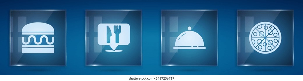 Set Burger, Cafe and restaurant location, Covered with tray of food and Pizza. Square glass panels. Vector