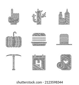 Set Burger, Calendar with date July 4, Casino chip and playing cards, Patriotic American top hat, Pickaxe, Pumpkin, City landscape and Number 1 one fan hand glove icon. Vector