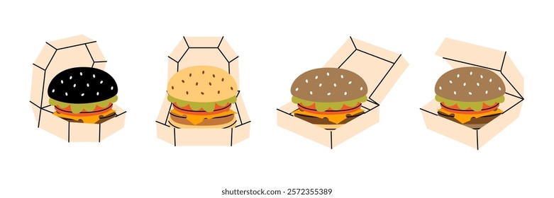 Set of burger in cardboard boxes. Traditional American fast food. Takeaway snack. Vector illustration.