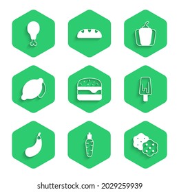 Set Burger, Carrot, Cracker biscuit, Ice cream, Eggplant, Lemon, Bell pepper and Chicken leg icon. Vector