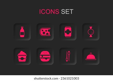Set Burger, Cheese, Bottle of wine, Food chopsticks, Chicken leg, Covered with tray food, Soda can and Popcorn cardboard box icon. Vector
