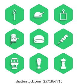 Set Burger, Chicken leg, Pepper, Grilled shish kebab, Brick stove, Oven glove, Cutting board and Burning match with fire icon. Vector