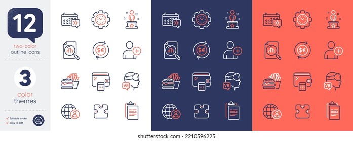 Set of Burger, Clipboard and Add user line icons. Include Time management, Travel calendar, Money currency icons. Augmented reality, Success, Puzzle web elements. Analytics graph. Vector