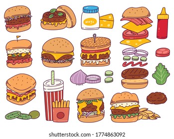 Conjunto de doodles de hamburguesas aislados en fondo blanco