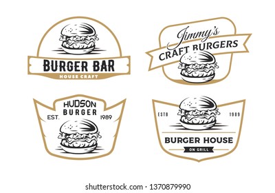 Set of burger emblems, badges and logo isolated on white background.