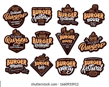 Set of Burger, fast food stickers, patches. Colorful badges, emblems, stamps on white background. Collection of retro logos with hand-drawn text, phrases. Vector illustration