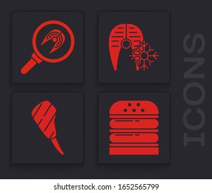 Set Burger, Fish steak in frying pan, Fresh frozen fish steak and Rib eye steak icon. Vector