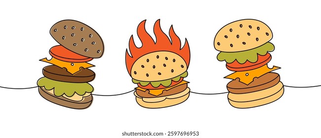 Set of burger with flying ingredients one line colored continuous drawing. Traditional American fast food. Takeaway snack.