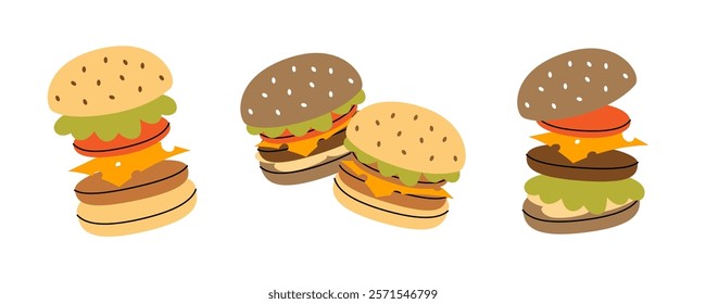 Set of burger with flying ingredients. Traditional American fast food. Takeaway snack. Vector illustration.