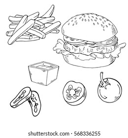 Set of burger, french fries, bowl of sauce and spices isolated on white background. Cartoon ink sketch. Hand drawn vector illustration.