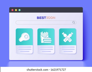 Set Burger and french fries in carton package box, Scrambled eggs and Crossed bottle of water icon. Vector
