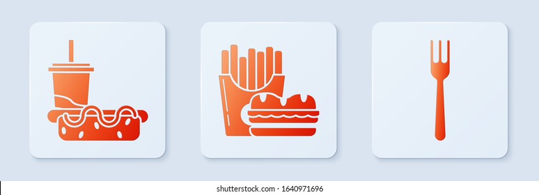 Set Burger and french fries in carton package box, Paper glass with drinking straw and hotdog and Fork. White square button. Vector