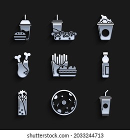 Set Burger and french fries in carton package box, Pizza, Paper glass with drinking straw water, Bottle of, Doner kebab, Chicken leg, Popcorn cardboard and burger icon. Vector