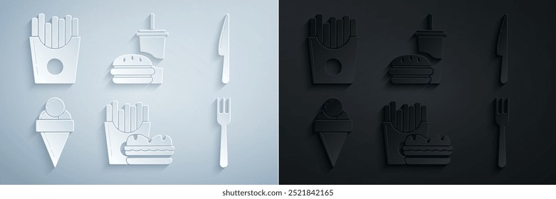 Set Burger and french fries in carton package box, Knife, Ice cream waffle cone, Fork, Paper glass with drinking straw burger and Potatoes icon. Vector