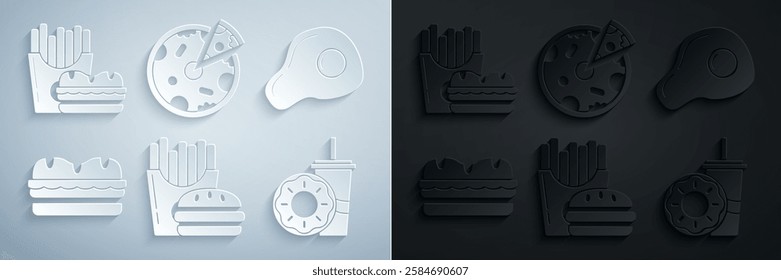 Set Burger and french fries in carton package box, Scrambled eggs, Sandwich, Paper glass with drinking straw donut, Pizza and  icon. Vector