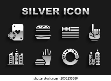 Set Burger and french fries, Number 1 one fan hand glove, City landscape, Donut, American flag, Casino chip playing cards and  icon. Vector