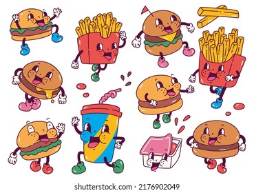 Set burger   french fries in retro cartoon style illustration  vintage character vector art collection