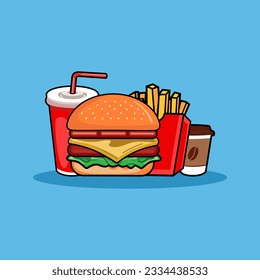 Set of Burger, French fries, Soda and Coffee isolated. Fast food products in flat style on blue background. Vector illustration.