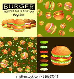 Set of burger grilled beef and fresh vegetables dressed with sauce bun for snack, american fast food barbecue meat meal with bread tomato cheese, Hamburger vector illustration background