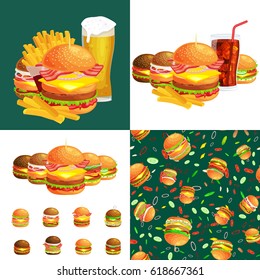 Set of burger grilled beef and fresh vegetables dressed with sauce bun for snack, american fast food barbecue meat meal with bread tomato cheese, Hamburger vector illustration background