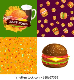Set of burger grilled beef and fresh vegetables dressed with sauce bun for snack, american fast food barbecue meat meal with bread tomato cheese, Hamburger vector illustration background