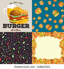 Set of burger grilled beef and fresh vegetables dressed with sauce bun for snack, american fast food barbecue meat meal with bread tomato cheese, Hamburger vector illustration background