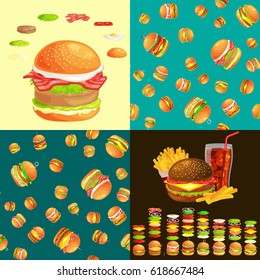 Set of burger grilled beef and fresh vegetables dressed with sauce bun for snack, american fast food barbecue meat meal with bread tomato cheese, Hamburger vector illustration background