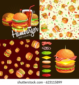 Set of burger grilled beef and fresh vegetables dressed with sauce bun for snack, american fast food barbecue meat meal with bread tomato cheese, Hamburger vector illustration background