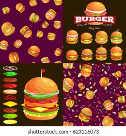 Set of burger grilled beef and fresh vegetables dressed with sauce bun for snack, american fast food barbecue meat meal with bread tomato cheese, Hamburger vector illustration background