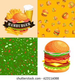 Set of burger grilled beef and fresh vegetables dressed with sauce bun for snack, american fast food barbecue meat meal with bread tomato cheese, Hamburger vector illustration background