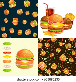 Set of burger grilled beef and fresh vegetables dressed with sauce bun snack, american hamburger fastfood barbecue meat meal with detailed flying slices menu ingredients vector illustration