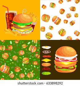 Set of burger grilled beef and fresh vegetables dressed with sauce bun for snack, american fast food barbecue meat meal with bread tomato cheese, Hamburger vector illustration background