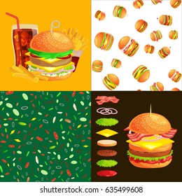 Set of burger grilled beef and fresh vegetables dressed with sauce bun snack american fastfood barbecue meat meal Hamburger with detailed flying slices of menu ingredients vector illustration