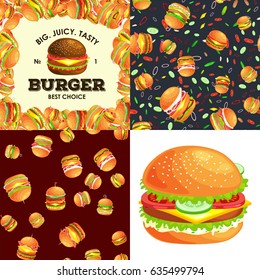 Set of burger grilled beef and fresh vegetables dressed with sauce bun snack, american hamburger fastfood barbecue meat meal with detailed flying slices menu ingredients vector illustration
