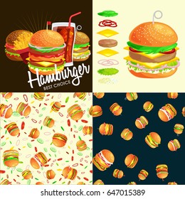 Set of burger grilled beef and fresh vegetables dressed with sauce bun American hamburger fast food with detailed flying slices of menu ingredients vector illustration