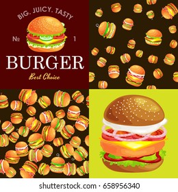 Set of burger grilled beef and fresh vegetables dressed with sauce bun for snack, american fast food barbecue meat meal with bread tomato cheese, Hamburger vector illustration background